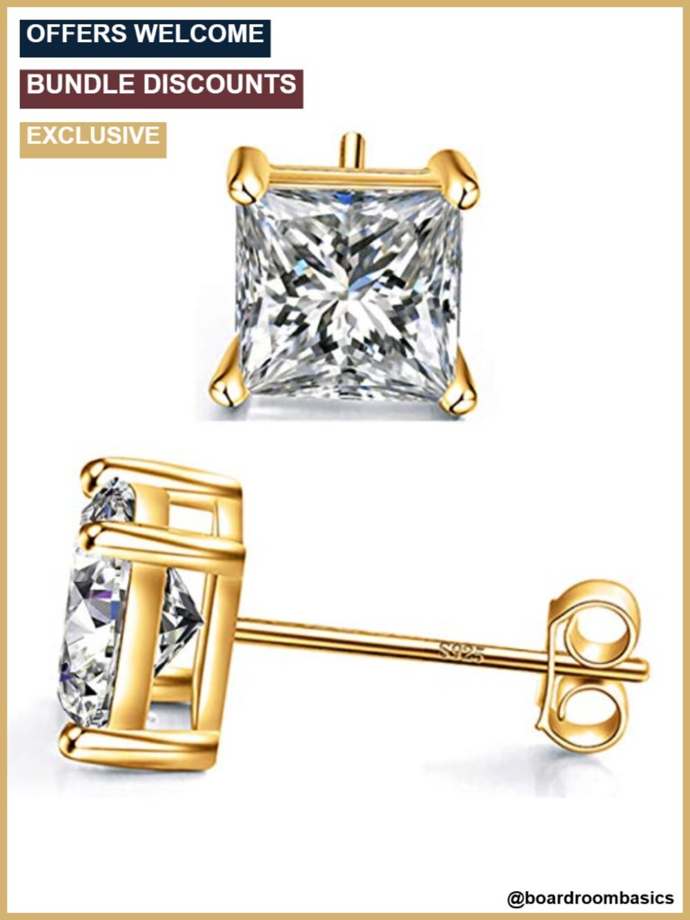 925 Sterling Silver Stud Earrings Princess Cut Cubic Zirconia 4 Prong